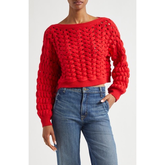 alice + olivia Allene Chunky Open Stitch Ruby Red Crop Sweater Medium NWOT $495